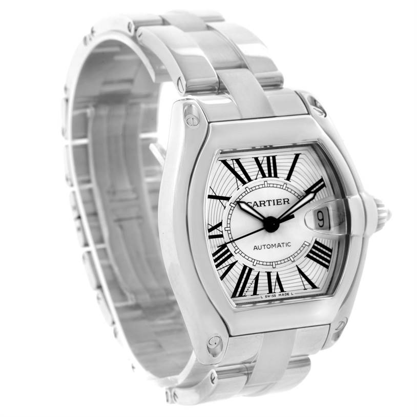 The image shows a Cartier Roadster W62025V3 Men's Stainless Steel Silver Dial W62025V3 Men's Stainless Steel Silver Dial watch at a three-quarter angle, highlighting the face, crown, and partial bracelet.