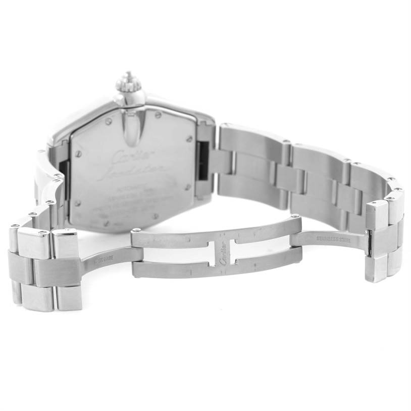 The image shows the back view of the Cartier Roadster W62025V3 Men's Stainless Steel Silver Dial W62025V3 Men's Stainless Steel Silver Dial watch, highlighting its stainless steel bracelet and clasp.