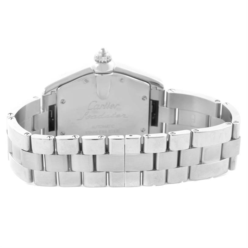 The image shows the back of a Cartier Roadster W62025V3 Men's Stainless Steel Silver Dial W62025V3 Men's Stainless Steel Silver Dial watch, highlighting its stainless steel bracelet and case back.