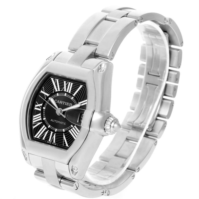 This image shows the Cartier Roadster W62041V3 Men's Stainless Steel Black Dial W62041V3 Men's Stainless Steel Black Dial model watch from an angled view, highlighting the dial, case, and bracelet.