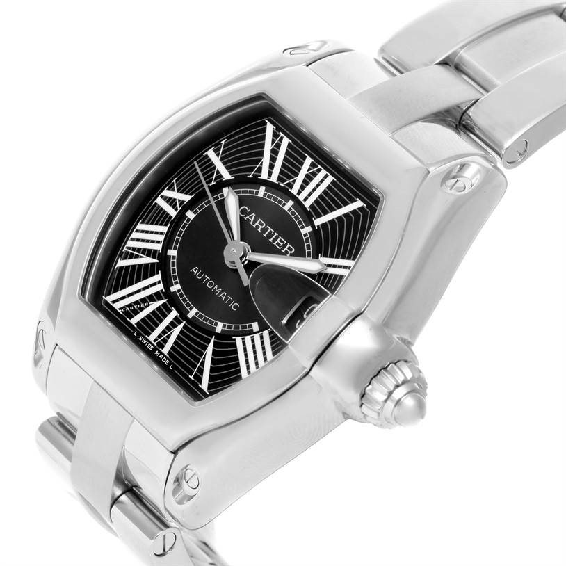 The image shows a close-up angle of the Cartier Roadster W62041V3 Men's Stainless Steel Black Dial W62041V3 Men's Stainless Steel Black Dial watch, highlighting its dial, bezel, and stainless steel bracelet.