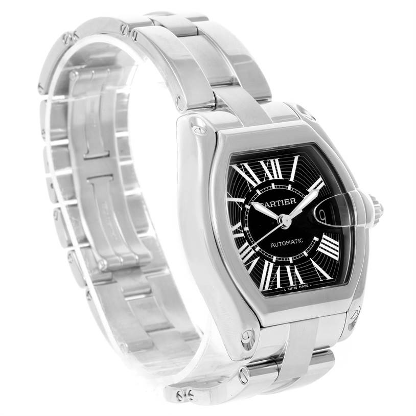 The image shows a Cartier Roadster W62041V3 Men's Stainless Steel Black Dial W62041V3 Men's Stainless Steel Black Dial watch angled to highlight the face, bracelet, and side profile.
