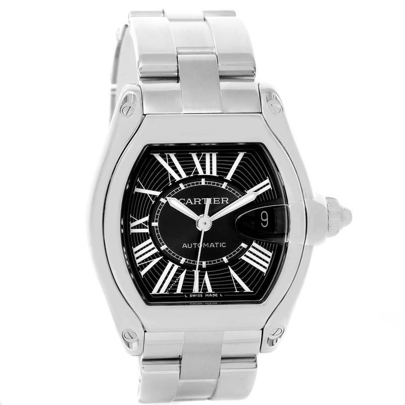 Cartier Roadster Black Dial Large Steel Watch W62041V3 Box Strap SwissWatchExpo
