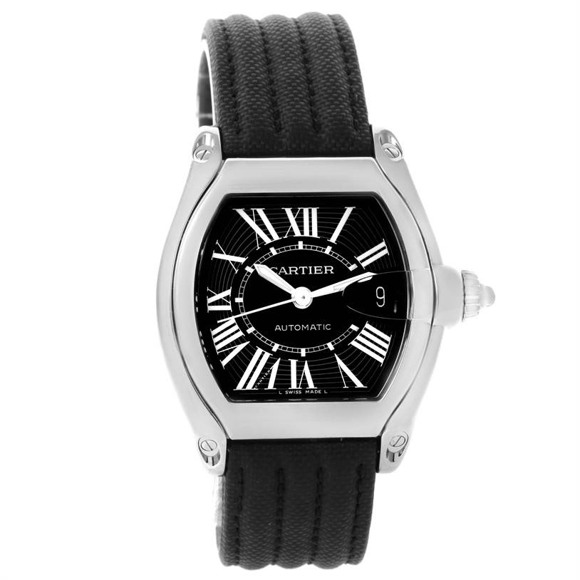 The image shows a front view of the Cartier Roadster W62041V3 Men's Stainless Steel Black Dial W62041V3 Men's Stainless Steel Black Dial watch, highlighting its black dial, Roman numerals, and a black strap.