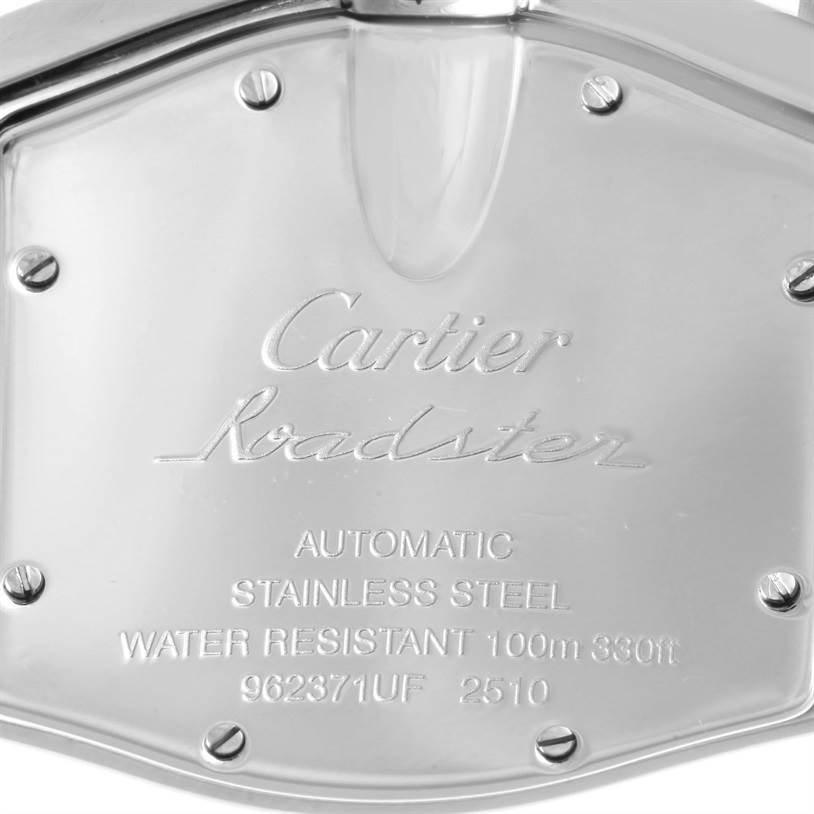 This image shows the back case of the Cartier Roadster W62041V3 Men's Stainless Steel Black Dial W62041V3 Men's Stainless Steel Black Dial watch, highlighting its engravings and screws.