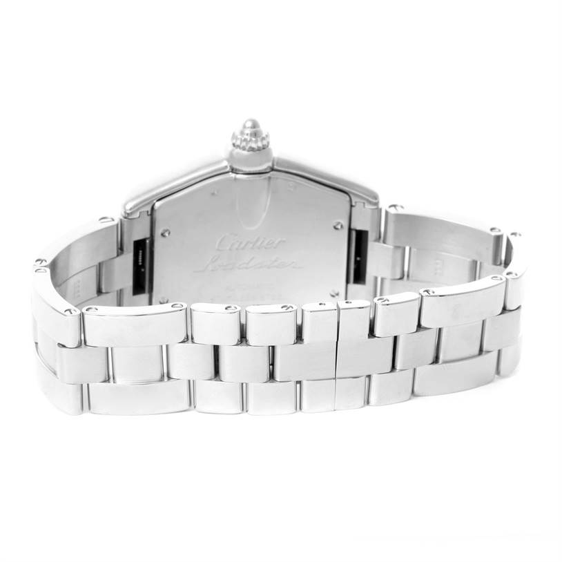 The image shows the back view of a Cartier Roadster W62041V3 Men's Stainless Steel Black Dial W62041V3 Men's Stainless Steel Black Dial watch, highlighting its stainless steel bracelet and case back.