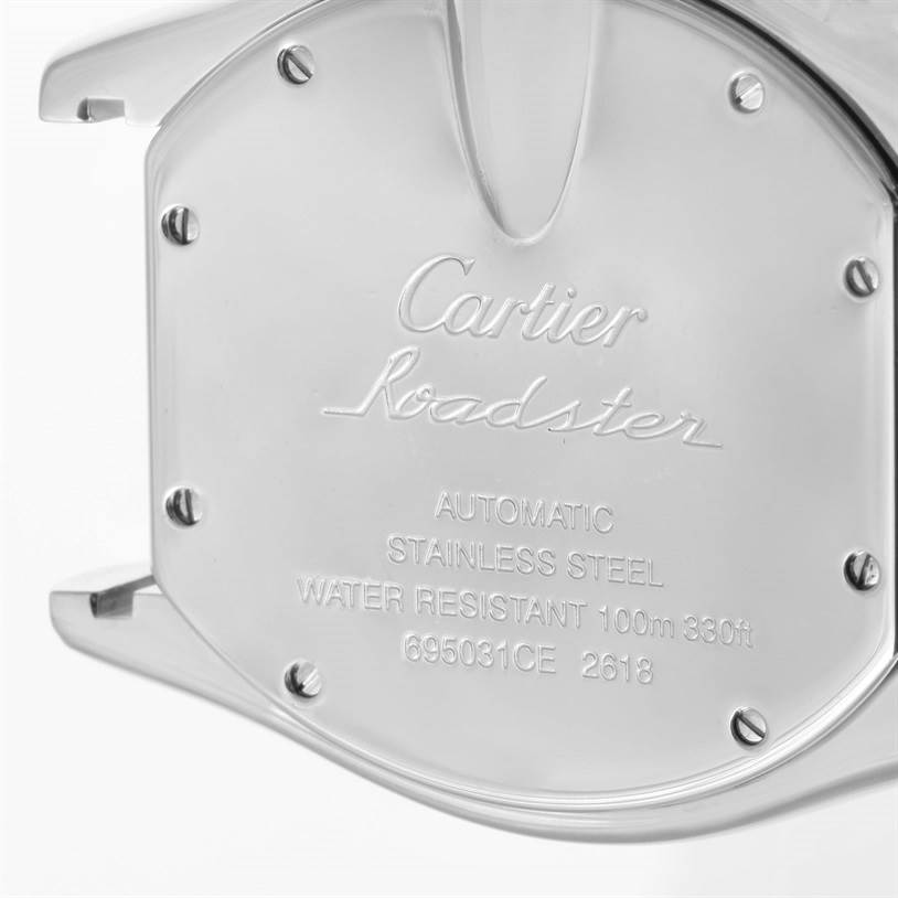 The image shows the back case of a Cartier Roadster W62019X6 Men's Stainless Steel Silver Dial W62019X6 Men's Stainless Steel Silver Dial watch, highlighting its stainless steel material and water resistance.