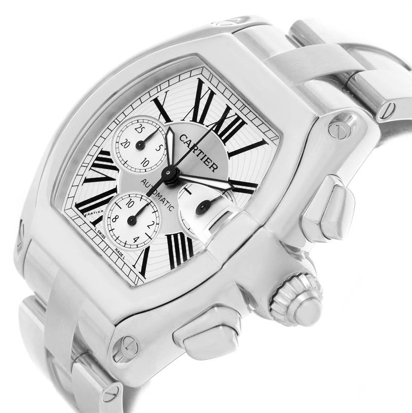 This image shows a Cartier Roadster W62019X6 Men's Stainless Steel Silver Dial W62019X6 Men's Stainless Steel Silver Dial watch at an oblique angle, highlighting the face, bezel, crown, and part of the bracelet.