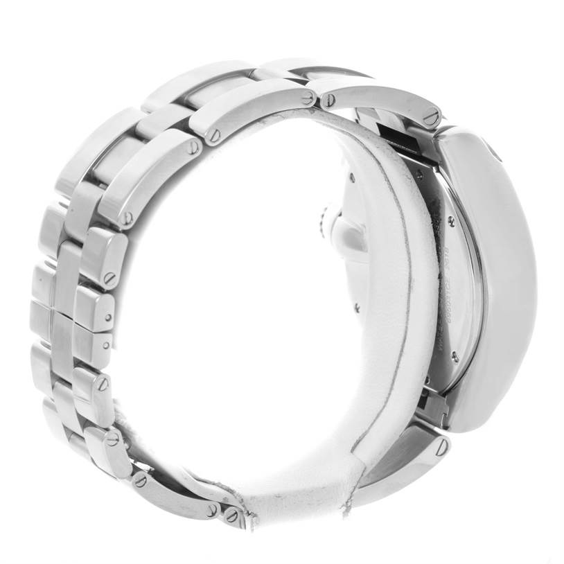 This image shows the side view of a Cartier Roadster W62019X6 Men's Stainless Steel Silver Dial W62019X6 Men's Stainless Steel Silver Dial watch, highlighting its metal bracelet and case.