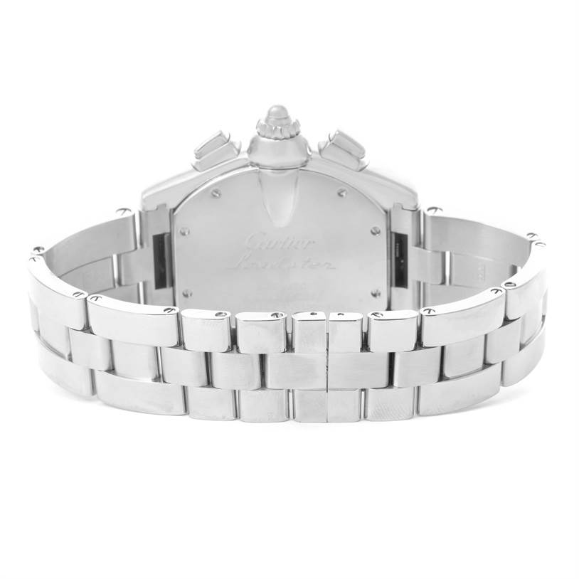 This image shows the back view of a Cartier Roadster W62019X6 Men's Stainless Steel Silver Dial W62019X6 Men's Stainless Steel Silver Dial watch highlighting its bracelet and clasp.