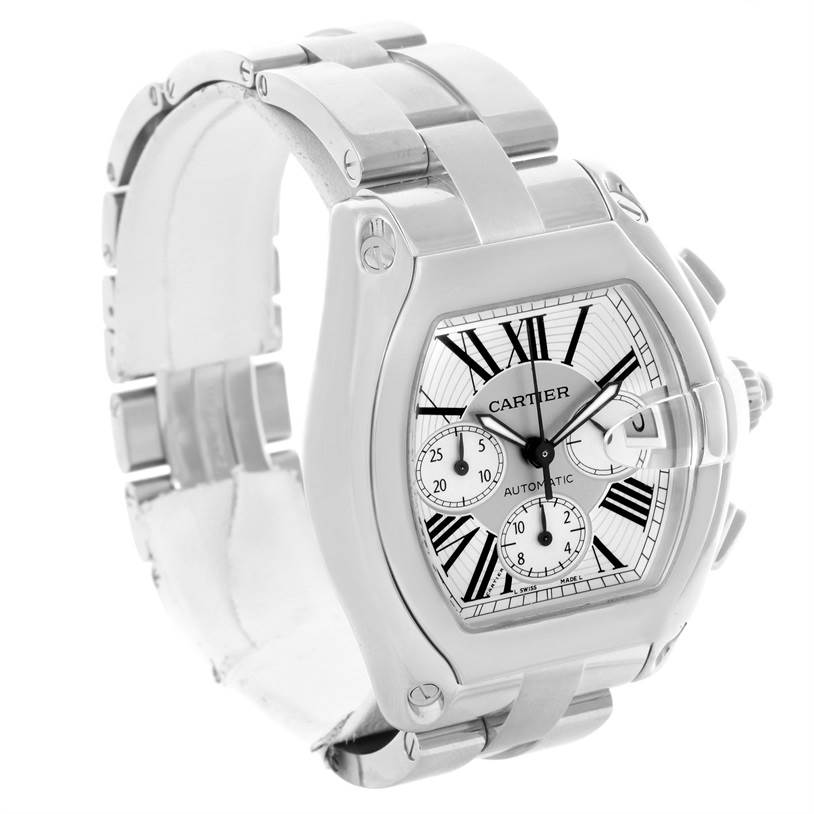 The image shows a side angle of the Cartier Roadster W62019X6 Men's Stainless Steel Silver Dial W62019X6 Men's Stainless Steel Silver Dial watch, highlighting its face, bezel, and bracelet.