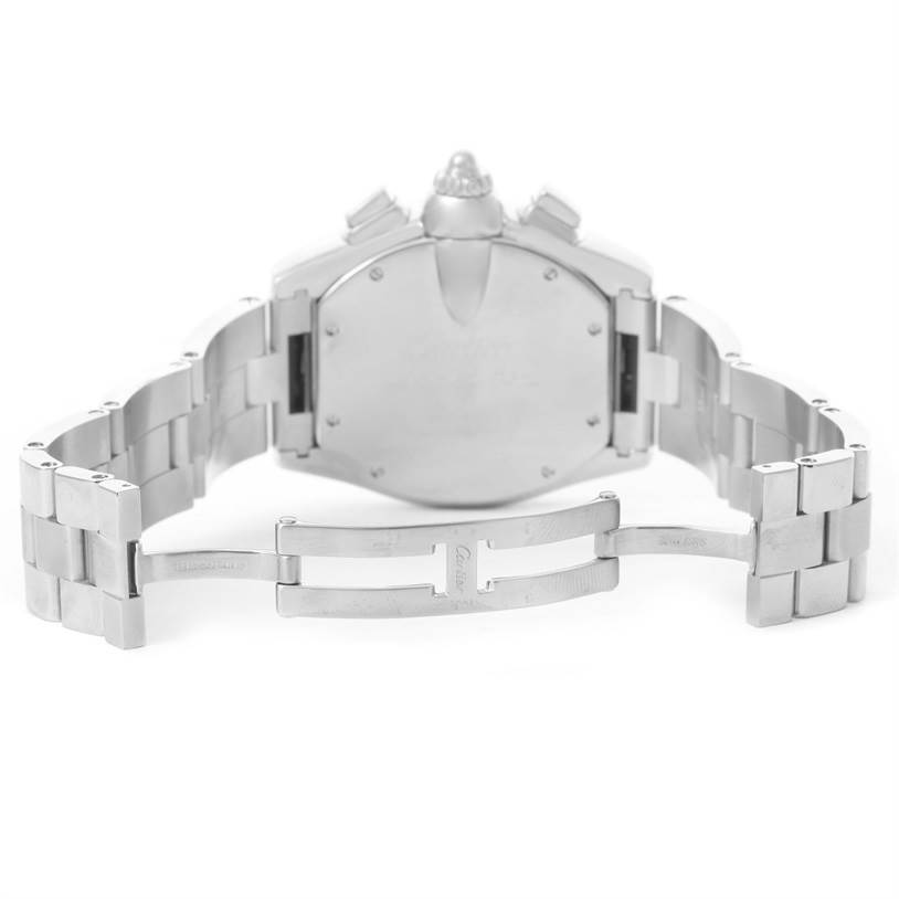 This image shows the back of the Cartier Roadster W62019X6 Men's Stainless Steel Silver Dial W62019X6 Men's Stainless Steel Silver Dial watch, focusing on the case back and bracelet clasp from a rear angle.
