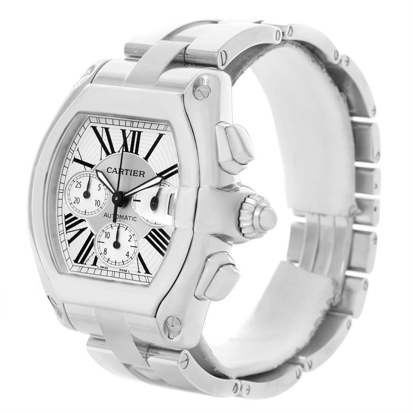 The Cartier Roadster W62019X6 Men's Stainless Steel Silver Dial W62019X6 Men's Stainless Steel Silver Dial watch is shown at a 3/4 angle highlighting its dial, crown, pushers, and bracelet.