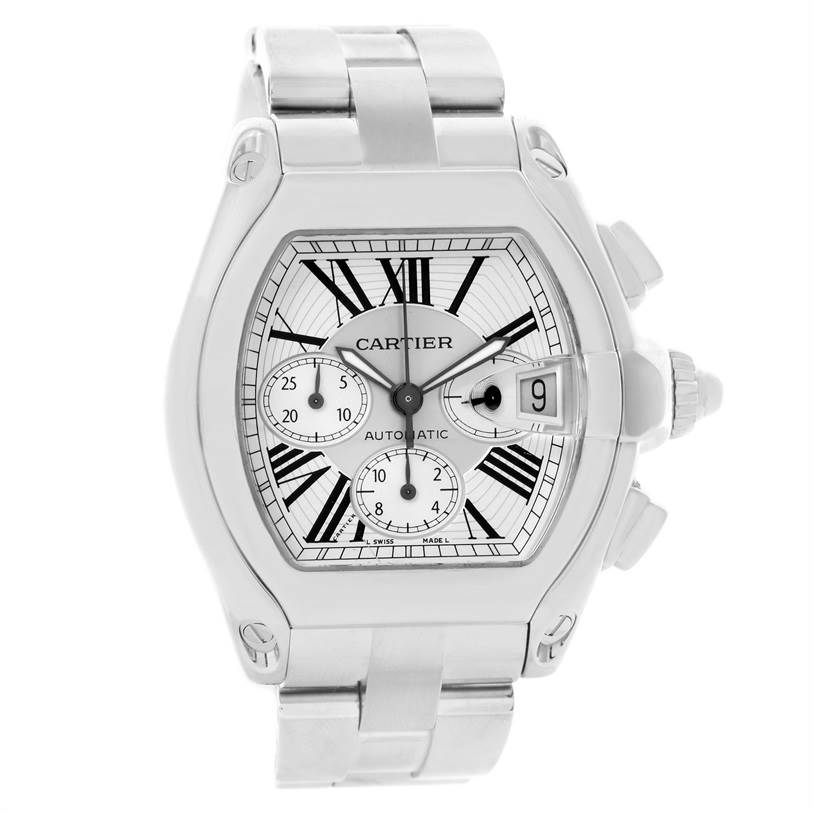 The Cartier Roadster W62019X6 Men's Stainless Steel Silver Dial W62019X6 Men's Stainless Steel Silver Dial watch shown is viewed from the front, displaying its face, three subdials, date window, and bracelet.