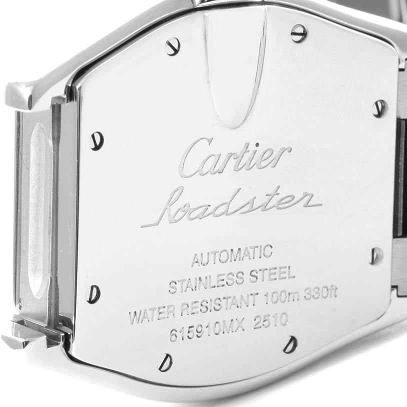This image shows the back case of a Cartier Roadster W62025V3 Men's Stainless Steel Silver Dial W62025V3 Men's Stainless Steel Silver Dial watch, highlighting its inscriptions and metal construction.