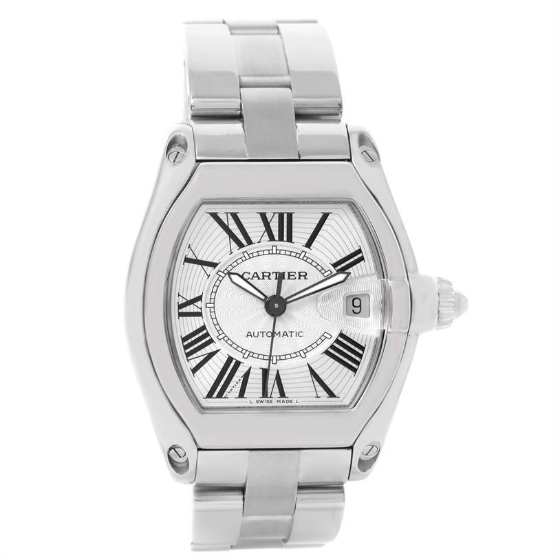 The image shows a front view of the Cartier Roadster W62025V3 Men's Stainless Steel Silver Dial W62025V3 Men's Stainless Steel Silver Dial model watch, highlighting its face, dial, and bracelet.