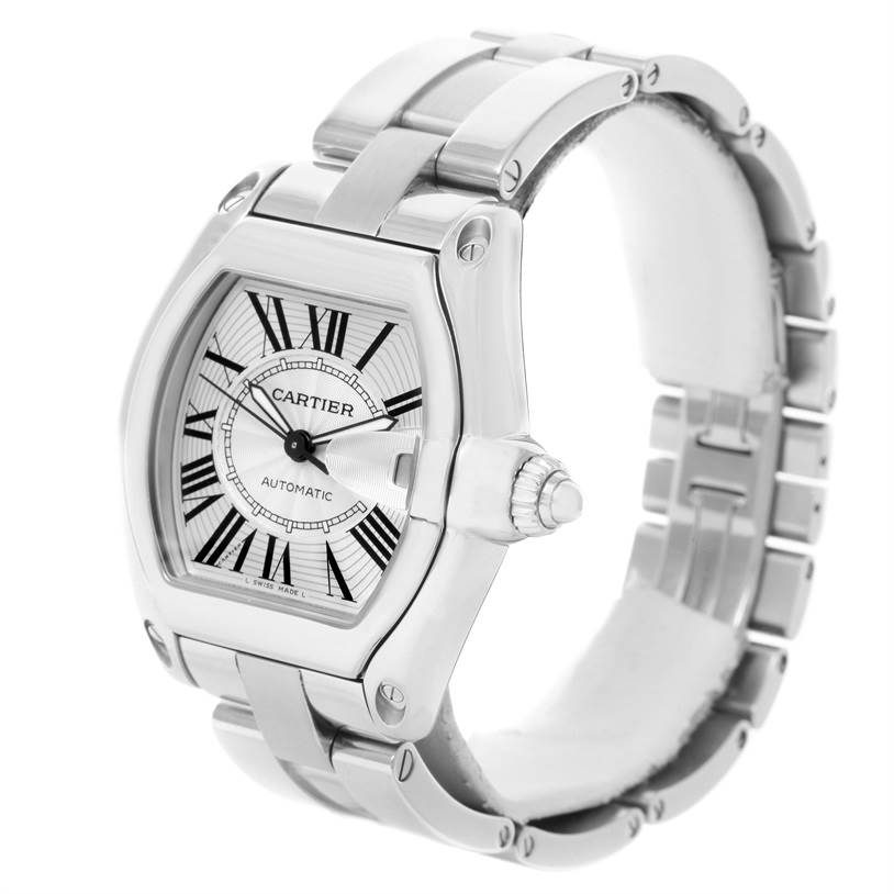 The Cartier Roadster W62025V3 Men's Stainless Steel Silver Dial W62025V3 Men's Stainless Steel Silver Dial watch is shown at a slight angle displaying its face, bezel, crown, and metal bracelet.