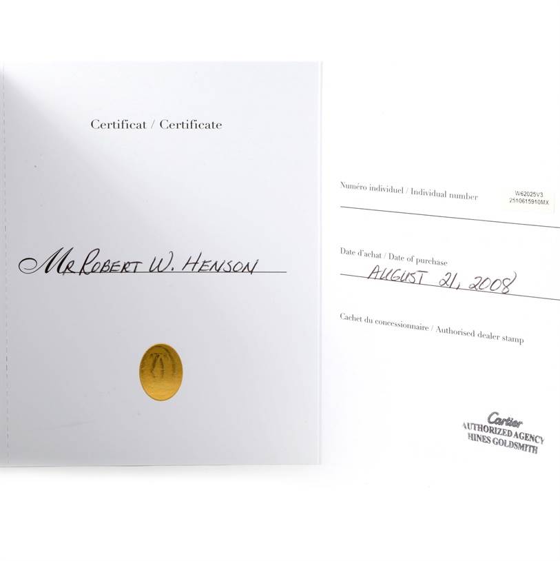 The image shows the certificate for a Cartier Roadster W62025V3 Men's Stainless Steel Silver Dial W62025V3 Men's Stainless Steel Silver Dial watch, with purchase details and authorized dealer stamp.