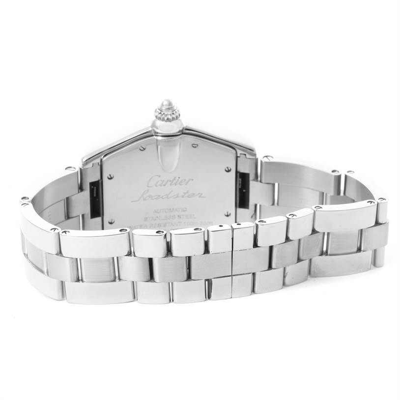 The image shows the back and bracelet of a Cartier Roadster W62025V3 Men's Stainless Steel Silver Dial W62025V3 Men's Stainless Steel Silver Dial watch from a rear view angle.