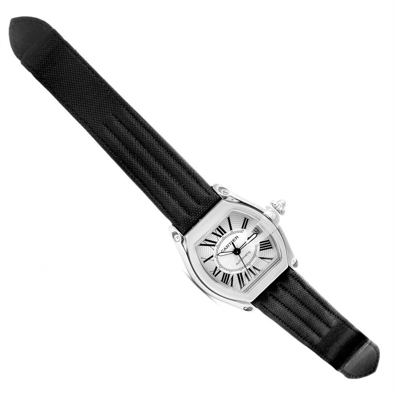 The Cartier Roadster W62025V3 Men's Stainless Steel Silver Dial W62025V3 Men's Stainless Steel Silver Dial watch is shown at a top-down angle, displaying its face, case, strap, and crown.