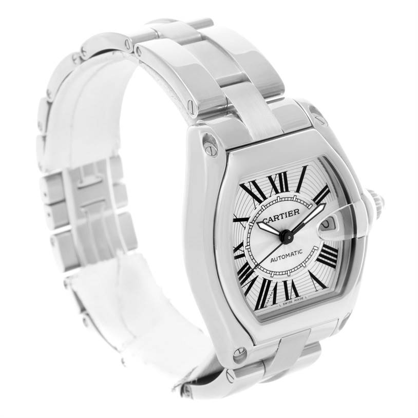 The image shows a Cartier Roadster W62025V3 Men's Stainless Steel Silver Dial W62025V3 Men's Stainless Steel Silver Dial watch at a three-quarter angle, highlighting the face, bezel, and parts of the bracelet.
