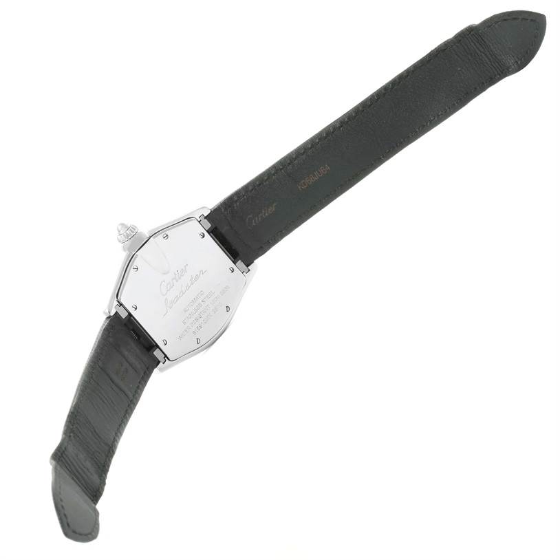 This image shows the back and side of the Cartier Roadster W62025V3 Men's Stainless Steel Silver Dial W62025V3 Men's Stainless Steel Silver Dial watch, including its leather strap and metallic case back.