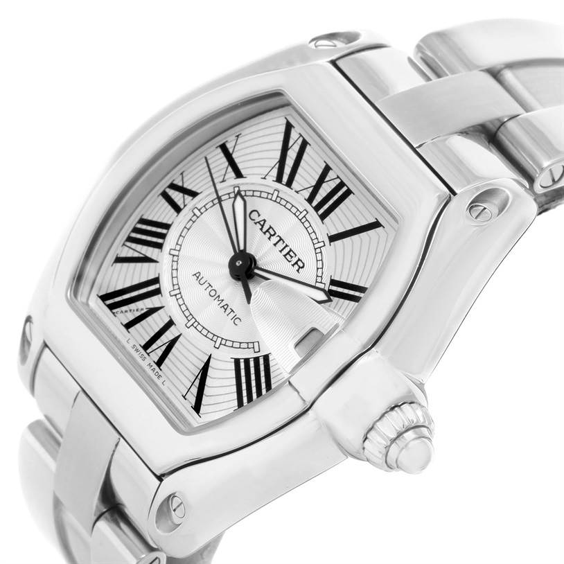 The image shows a close-up angle of the Cartier Roadster W62025V3 Men's Stainless Steel Silver Dial W62025V3 Men's Stainless Steel Silver Dial model, highlighting the watch face, crown, and part of the bracelet.