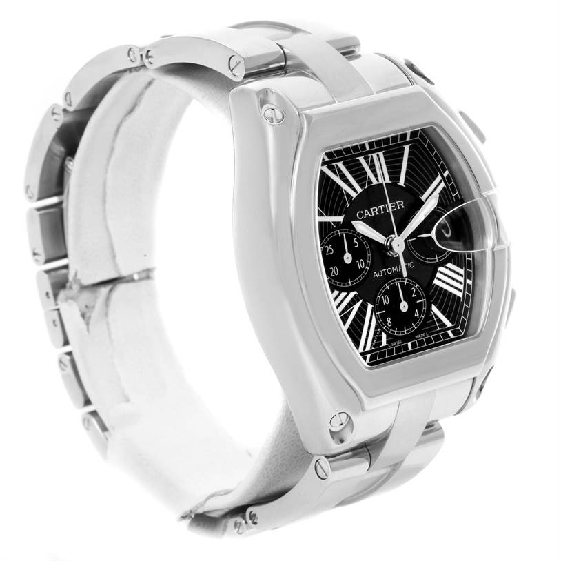 The image shows the front and side view of a Cartier Roadster W62020X6 Men's Stainless Steel Black Dial W62020X6 Men's Stainless Steel Black Dial watch, highlighting the face, case, and bracelet.