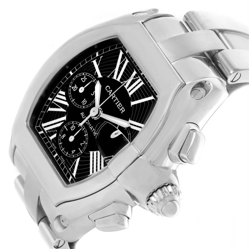 The image shows a Cartier Roadster W62020X6 Men's Stainless Steel Black Dial W62020X6 Men's Stainless Steel Black Dial watch at an angled view focusing on its case, dial, bracelet, and crown.