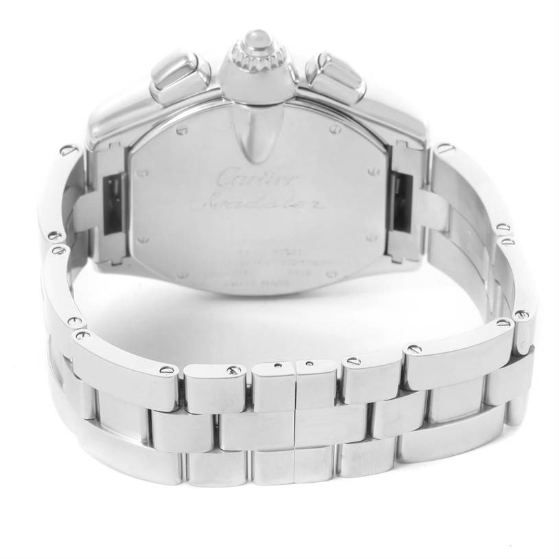 This image shows the back case and bracelet of the Cartier Roadster W62020X6 Men's Stainless Steel Black Dial W62020X6 Men's Stainless Steel Black Dial watch from a slightly tilted rear angle.