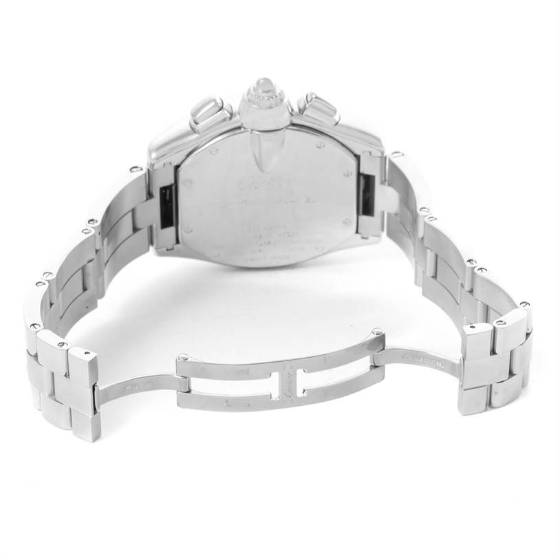 The image shows the backside of the Cartier Roadster W62020X6 Men's Stainless Steel Black Dial W62020X6 Men's Stainless Steel Black Dial watch, with its open stainless steel bracelet and clasp visible.