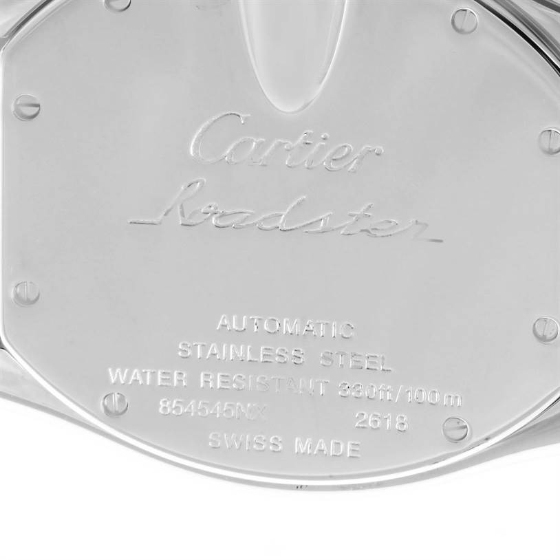 This image shows the stainless steel back case of the Cartier Roadster W62020X6 Men's Stainless Steel Black Dial W62020X6 Men's Stainless Steel Black Dial watch with engraved specifications and branding.