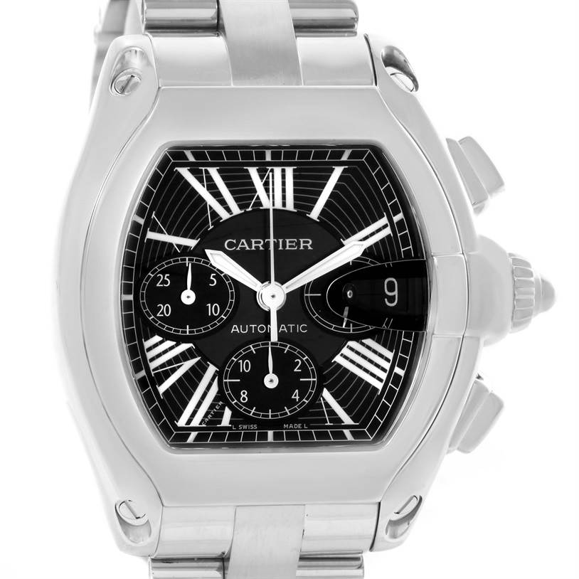 The image shows a front view of the Cartier Roadster W62020X6 Men's Stainless Steel Black Dial W62020X6 Men's Stainless Steel Black Dial watch featuring its dial, hands, and bracelet.