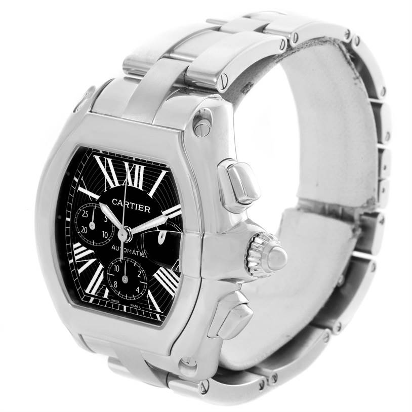 The Cartier Roadster W62020X6 Men's Stainless Steel Black Dial W62020X6 Men's Stainless Steel Black Dial watch is shown at a three-quarter view angle, highlighting its black dial, chronograph subdials, and stainless steel bracelet.