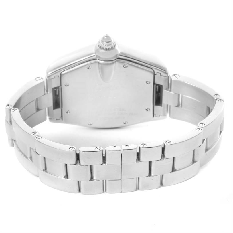 The image shows the back view of a Cartier Roadster W62025V3 Men's Stainless Steel Silver Dial W62025V3 Men's Stainless Steel Silver Dial watch, focusing on the case back and metal bracelet.