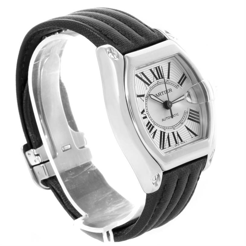 This Cartier Roadster W62025V3 Men's Stainless Steel Silver Dial W62025V3 Men's Stainless Steel Silver Dial watch is shown at a three-quarter angle, featuring the face, bezel, black strap, and stainless steel clasp.