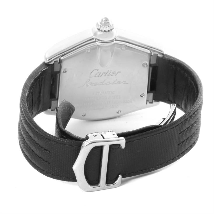 The image shows the backside and clasp of a Cartier Roadster W62025V3 Men's Stainless Steel Silver Dial W62025V3 Men's Stainless Steel Silver Dial watch, including its leather strap and stainless steel case back.