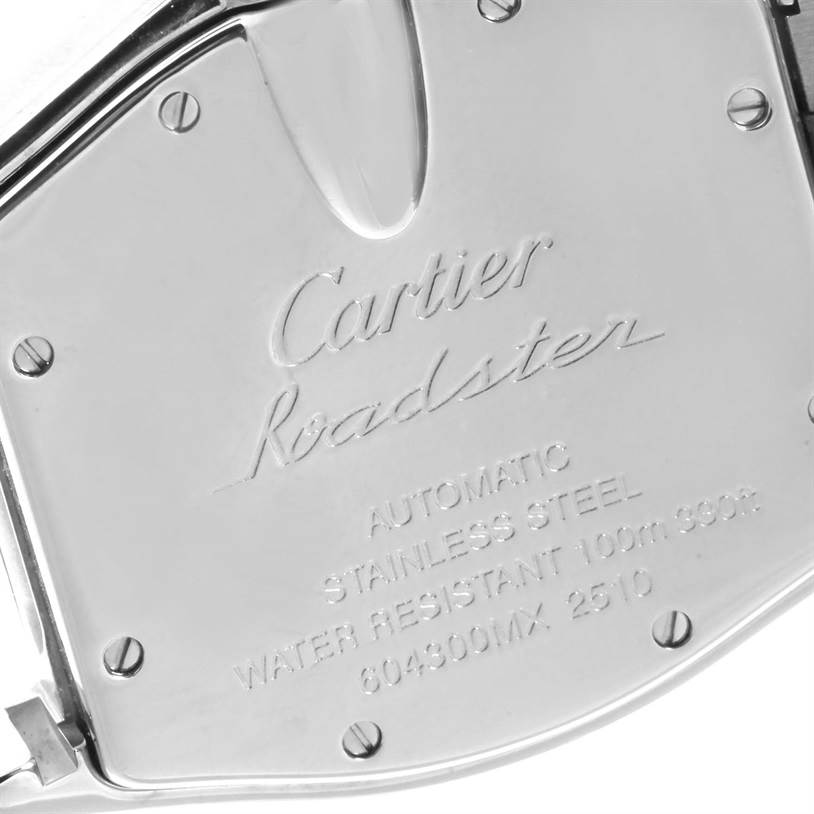 This image shows the case back of a Cartier Roadster W62025V3 Men's Stainless Steel Silver Dial W62025V3 Men's Stainless Steel Silver Dial watch, highlighting its engraved details and screws.