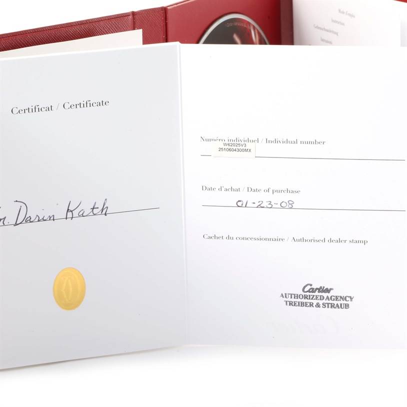 This image shows the certificate and paperwork for the Cartier Roadster W62025V3 Men's Stainless Steel Silver Dial W62025V3 Men's Stainless Steel Silver Dial model watch.