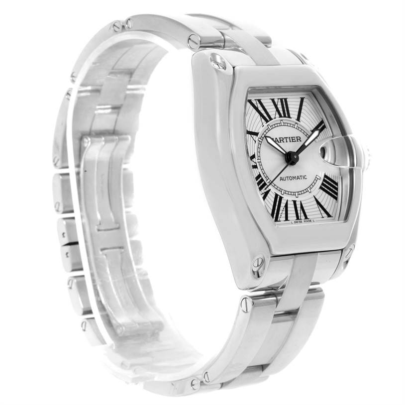 This Cartier Roadster W62025V3 Men's Stainless Steel Silver Dial W62025V3 Men's Stainless Steel Silver Dial watch is shown from a three-quarter angle, highlighting its face, bezel, and bracelet.