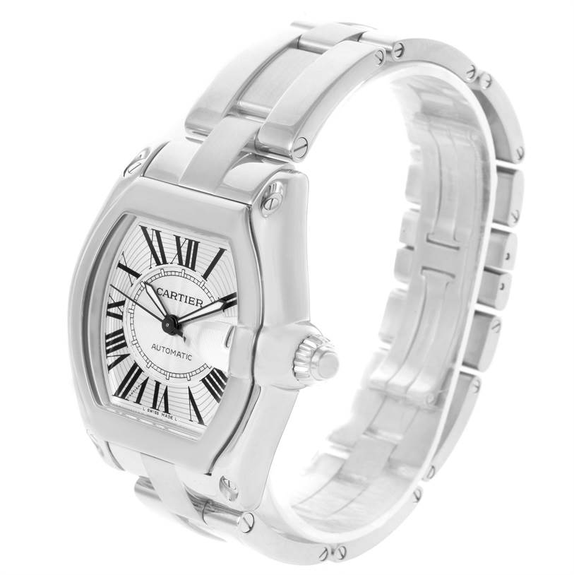 The Cartier Roadster W62025V3 Men's Stainless Steel Silver Dial W62025V3 Men's Stainless Steel Silver Dial watch is shown at an angled side view, highlighting the face, crown, and bracelet.