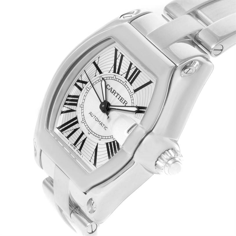 The Cartier Roadster W62025V3 Men's Stainless Steel Silver Dial W62025V3 Men's Stainless Steel Silver Dial watch is shown at a side angle, highlighting its face, bezel, crown, and part of the bracelet.