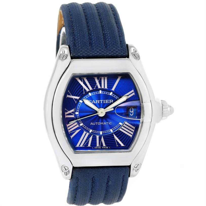 This image shows a frontal view of the Cartier Roadster W62048V3 Men's Stainless Steel Blue Dial W62048V3 Men's Stainless Steel Blue Dial watch, displaying the blue dial, Roman numerals, and the blue strap.