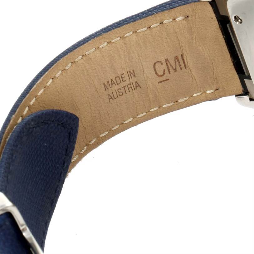 The image shows a close-up of the inner leather strap of a Cartier Roadster W62048V3 Men's Stainless Steel Blue Dial W62048V3 Men's Stainless Steel Blue Dial watch, "Made in Austria" is inscribed.
