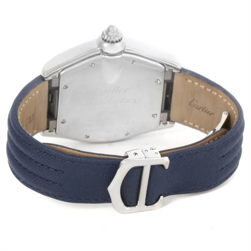 This image shows the back case and strap of the Cartier Roadster W62048V3 Men's Stainless Steel Blue Dial W62048V3 Men's Stainless Steel Blue Dial watch with a distinctive buckle.