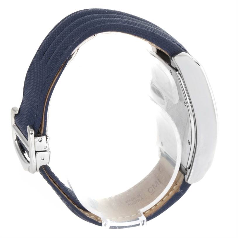 This image shows a side view of a Cartier Roadster W62048V3 Men's Stainless Steel Blue Dial W62048V3 Men's Stainless Steel Blue Dial watch, displaying its strap, buckle, and case side.