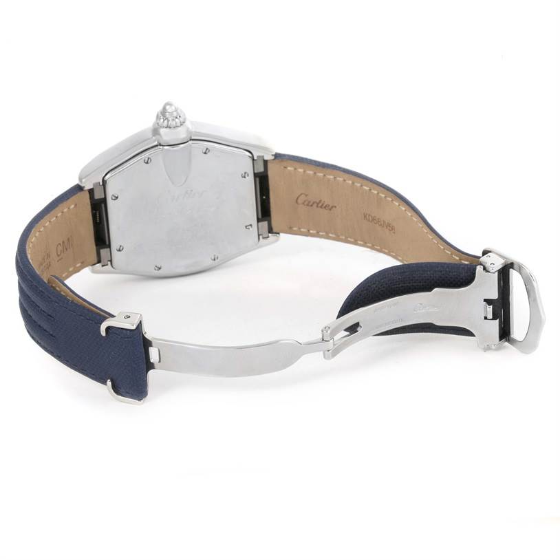 This image shows the back side and clasp of the Cartier Roadster W62048V3 Men's Stainless Steel Blue Dial W62048V3 Men's Stainless Steel Blue Dial watch, highlighting the strap and case back.