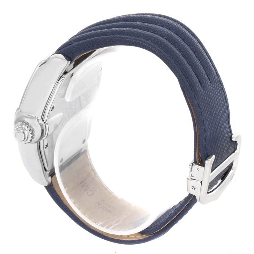 This image shows the side profile and buckle of a Cartier Roadster W62048V3 Men's Stainless Steel Blue Dial W62048V3 Men's Stainless Steel Blue Dial watch, highlighting the crown and the leather strap.