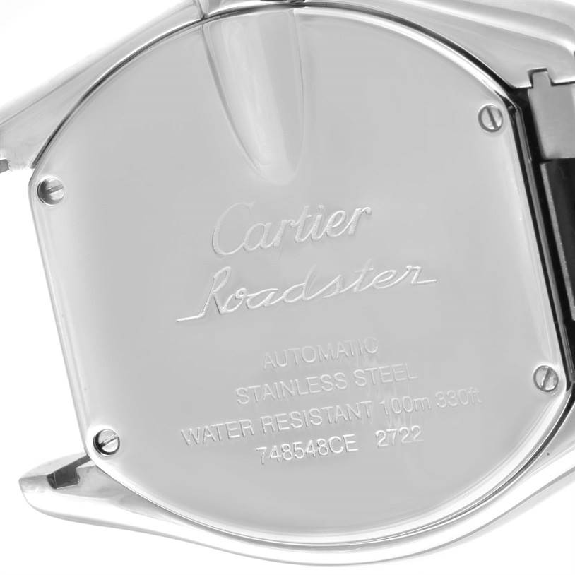 This image shows the case back of a Cartier Roadster W62032X6 Men's Stainless Steel Silver Dial W62032X6 Men's Stainless Steel Silver Dial watch.