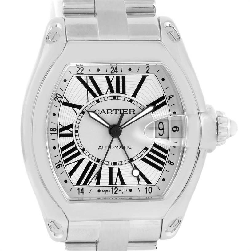 This image shows a front view of a Cartier Roadster W62032X6 Men's Stainless Steel Silver Dial W62032X6 Men's Stainless Steel Silver Dial watch, highlighting its dial, hands, date window, and bracelet attachment.
